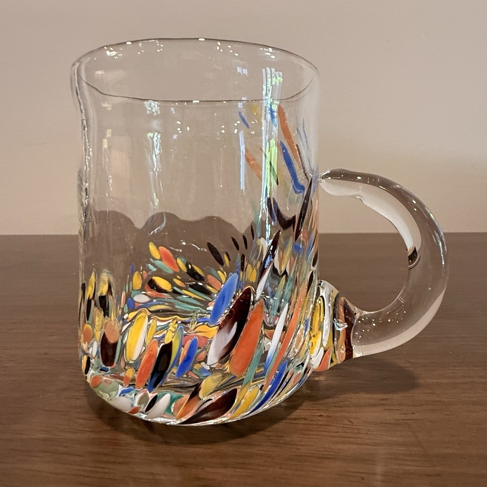 Hand Blown Art Glass Mug Multicolor Confetti Frit Clear Handle Studio Glass 4.5"